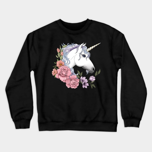 White Unicorn and Flowers Crewneck Sweatshirt by tigressdragon